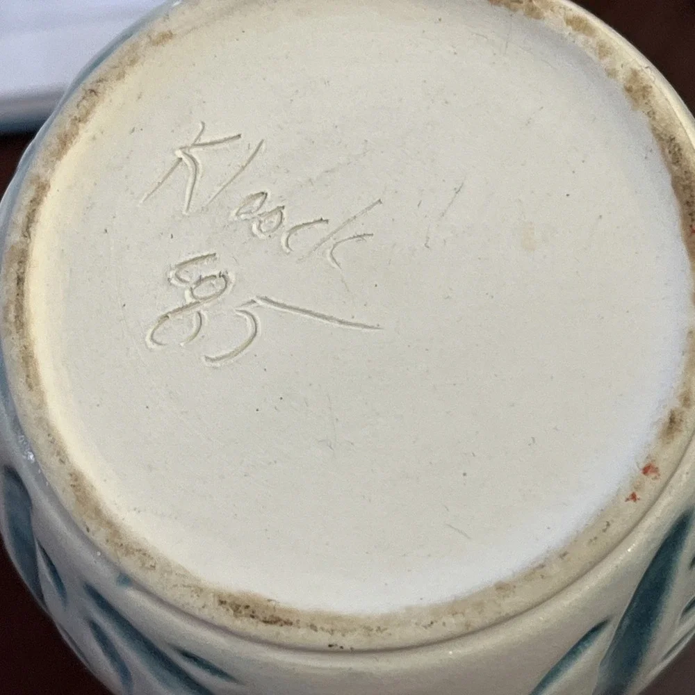 Vintage Stoneware Pottery Ceramic Vase White/teal Signed Kloock '85 Unique‎ 6.5
